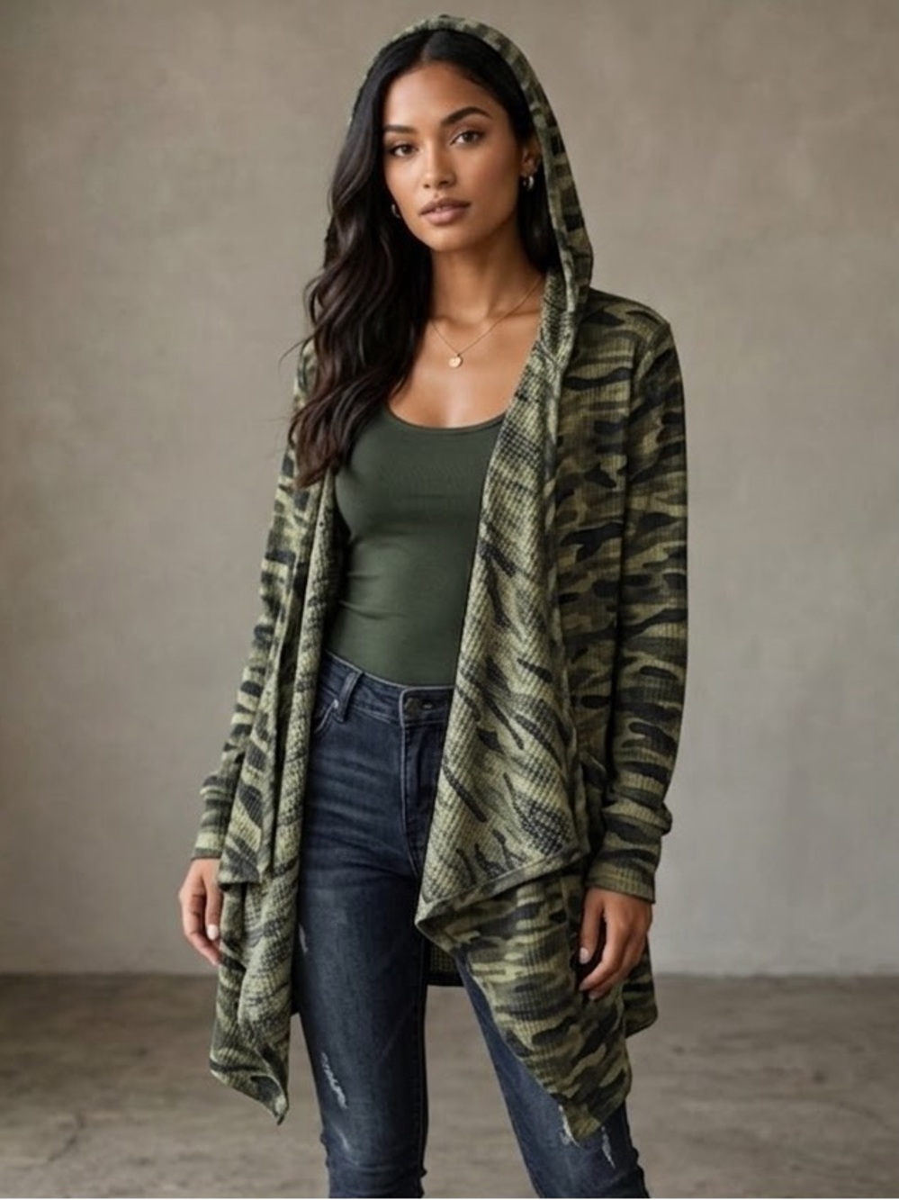 New RETROLOGY Camo Open Front Asymmetrical Hoodie Jacket W/ Pockets - L